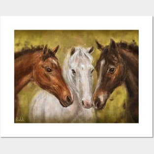 Painting of 3 Horses - Brown and White on Mustard Yellow Background Posters and Art